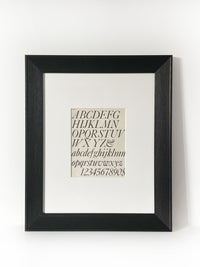 Vintage Industrial Font Alphabet Graphic Framed Art Framed in a modernized black frame with white mat. The alphabet fonts and numbers are featured on an antiqued page of type and lettering for typographers, letterers and designers published in 1950.