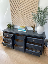 Vintage Dark Blue Sideboard Cabinet, Buffet With Drawers, Antique Dresser, Storage Cabinet, Console Table  This is a very heavy, robust and nicely crafted cabinet. High-quality, heavy drawers slide smoothly.