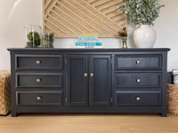 Vintage Dark Blue Sideboard Cabinet, Buffet With Drawers, Antique Dresser, Storage Cabinet, Console Table  This is a very heavy, robust and nicely crafted cabinet. High-quality, heavy drawers slide smoothly.