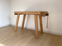 Antique Jeweler Workbench Desk, Kitchen Island, Entryway, Foyer or Console Table - Industrial Rustic Decor This workbench came from an old jeweler workshop in Bonners Ferry, Idaho. Working vice on the side of the table. This is one of our all-time favorite vintage furniture pieces. A statement piece for any home. Comfortable height for working at the computer or writing (with a taller chair or bar height chair). Great height for a kitchen island, foyer, entry or console table.