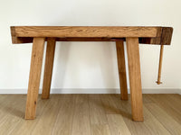 Antique Jeweler Workbench Desk, Kitchen Island, Entryway, Foyer or Console Table - Industrial Rustic Decor This workbench came from an old jeweler workshop in Bonners Ferry, Idaho. Working vice on the side of the table. This is one of our all-time favorite vintage furniture pieces. A statement piece for any home. Comfortable height for working at the computer or writing (with a taller chair or bar height chair). Great height for a kitchen island, foyer, entry or console table.