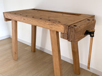Antique Jeweler Workbench Desk, Kitchen Island, Entryway, Foyer or Console Table - Industrial Rustic Decor This workbench came from an old jeweler workshop in Bonners Ferry, Idaho. Working vice on the side of the table. This is one of our all-time favorite vintage furniture pieces. A statement piece for any home. Comfortable height for working at the computer or writing (with a taller chair or bar height chair). Great height for a kitchen island, foyer, entry or console table.