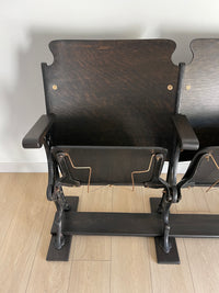 Antique 1920s Theater Seats - Triple Bench Chairs with Arm Rests and Hat Wire Under the Seat - Walnut Base - Cast Iron Brass ** FREE SHIPPING **  This dark and moody historical show-stopper is perfect for a mud room, foyer, entry way, lake or ski home. The cast iron carvings on each end are so stunning with hints of brass shining through. It's decorative all the way through. 
