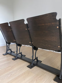 **SOLD** Antique 1920s Theater Seats - Triple Bench Chairs with Arm Rests and Hat Wire Under the Seat - Walnut Base - Cast Iron Brass FREE SHIPPING