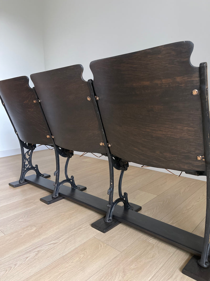 **SOLD** Antique 1920s Theater Seats - Triple Bench Chairs with Arm Rests and Hat Wire Under the Seat - Walnut Base - Cast Iron Brass FREE SHIPPING