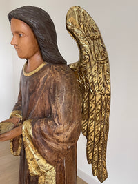 Antique Hand Carved Wood Altar Angel Candle Holder with Wings - Italy Church Relic - 56" Tall