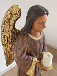 Antique Hand Carved Wood Altar Angel Candle Holder with Wings - Italy Church Relic - 56" Tall