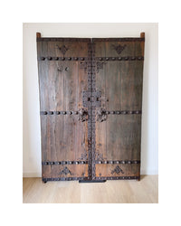Antique 1850s Pair of Chinese Elm Wood Courtyard Garden Doors - Pu Shou Dog Rings and Iron Detail - Shandong Province