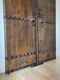 Antique 1850s Pair of Chinese Elm Wood Courtyard Garden Doors - Pu Shou Dog Rings and Iron Detail - Shandong Province