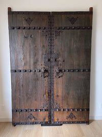 Antique 1850s Pair of Chinese Elm Wood Courtyard Garden Doors - Pu Shou Dog Rings and Iron Detail - Shandong Province