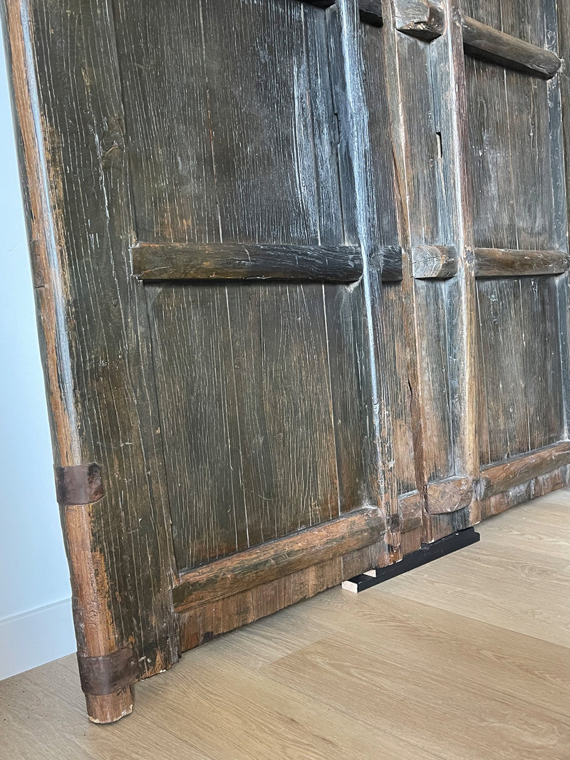 Antique 1850s Pair of Chinese Elm Wood Courtyard Garden Doors - Pu Shou Dog Rings and Iron Detail - Shandong Province