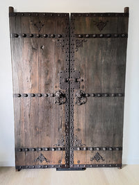 Antique 1850s Pair of Chinese Elm Wood Courtyard Garden Doors - Pu Shou Dog Rings and Iron Detail - Shandong Province