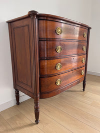 **SOLD** 1800s Massachusetts Sheraton Bowfront Chest of Four Drawers - Turret Corners Over Reeded Pilasters