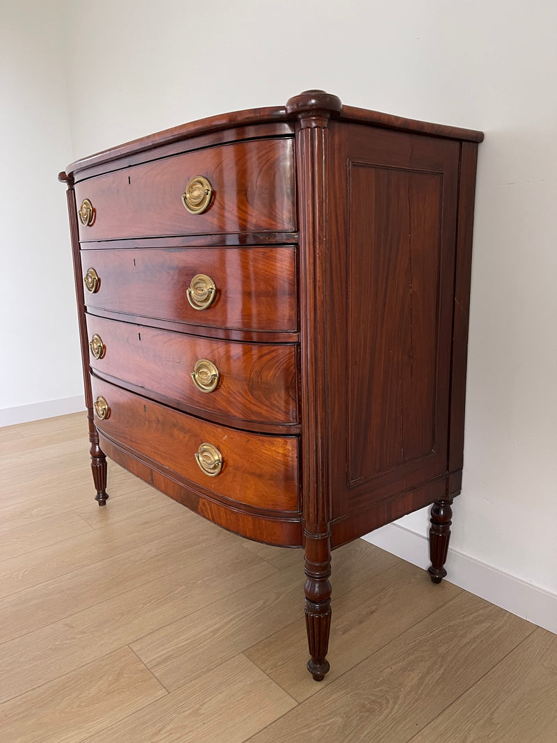 **SOLD** 1800s Massachusetts Sheraton Bowfront Chest of Four Drawers - Turret Corners Over Reeded Pilasters