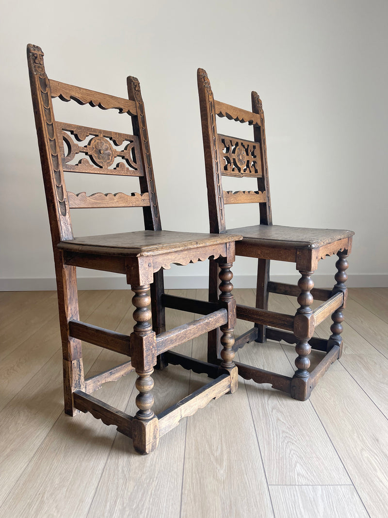 Antique Pair of 17th Century English Wedding Chairs - Hand Carved Gothic Revival - Jacobean Turned and Dowel-Jointed