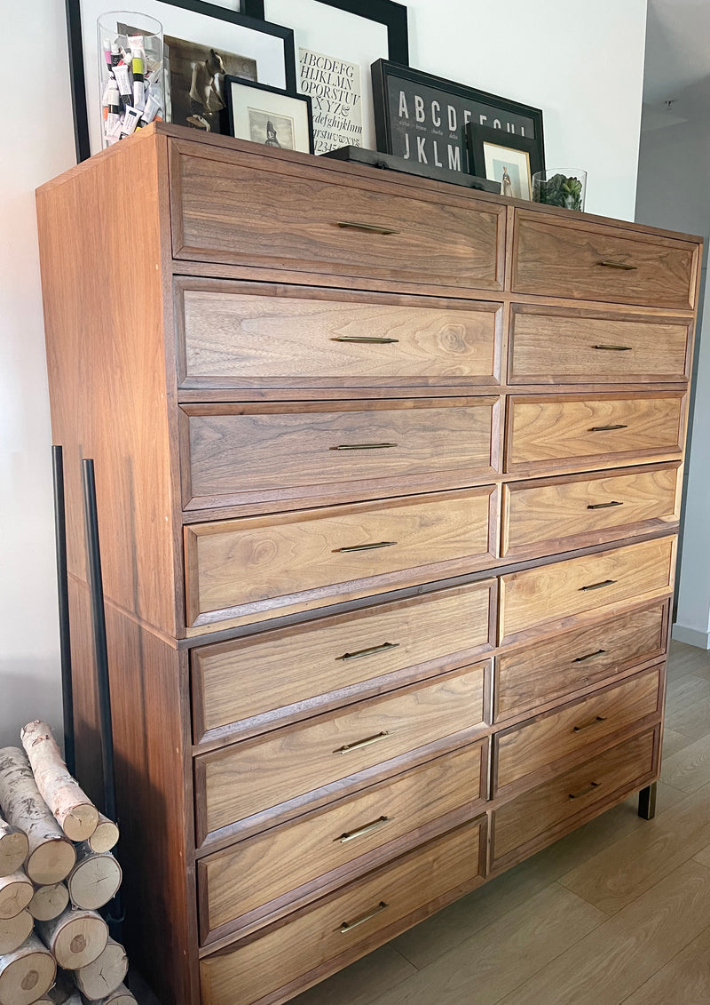 Vintage 1960s Wall of Drawers - Stunning Teak and Solid Wood Piece - Carmel in Color - Amazing Storage - FREE SHIPPING  This one-of-a-kind teak wall of drawers cabinet is the ultimate storage! Reimagined, restored and refinished. Antique brushed brass metal legs. 
