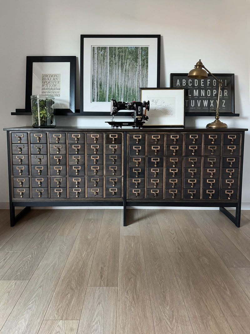 Vintage One-of-a-Kind MCM Remington Lateral 72 Drawer Library Card Catalog. This rare and beautiful dark and moody card catalog, apothecary or architectural cabinet would make a perfect statement piece for your home, office or commercial space!