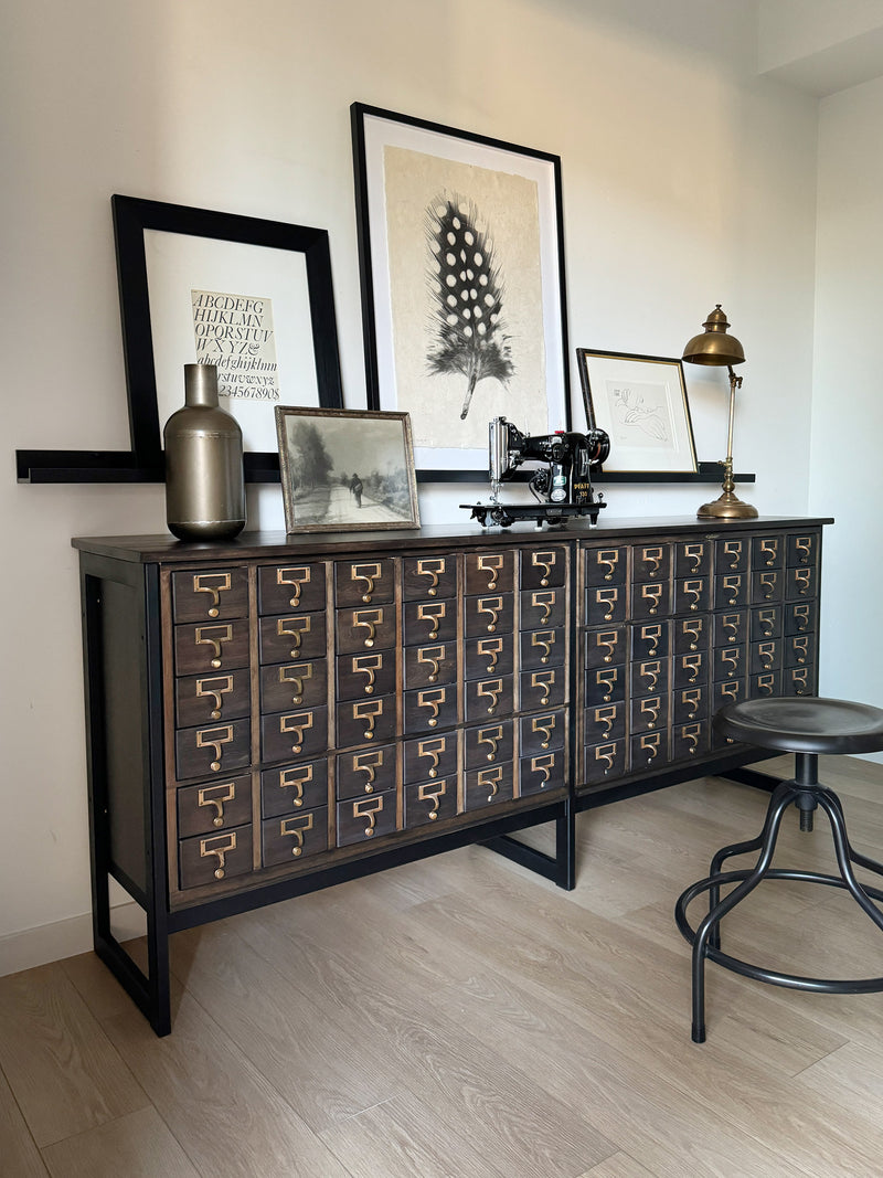 Vintage One-of-a-Kind MCM Remington Lateral 72 Drawer Library Card Catalog. This rare and beautiful dark and moody card catalog, apothecary or architectural cabinet would make a perfect statement piece for your home, office or commercial space!