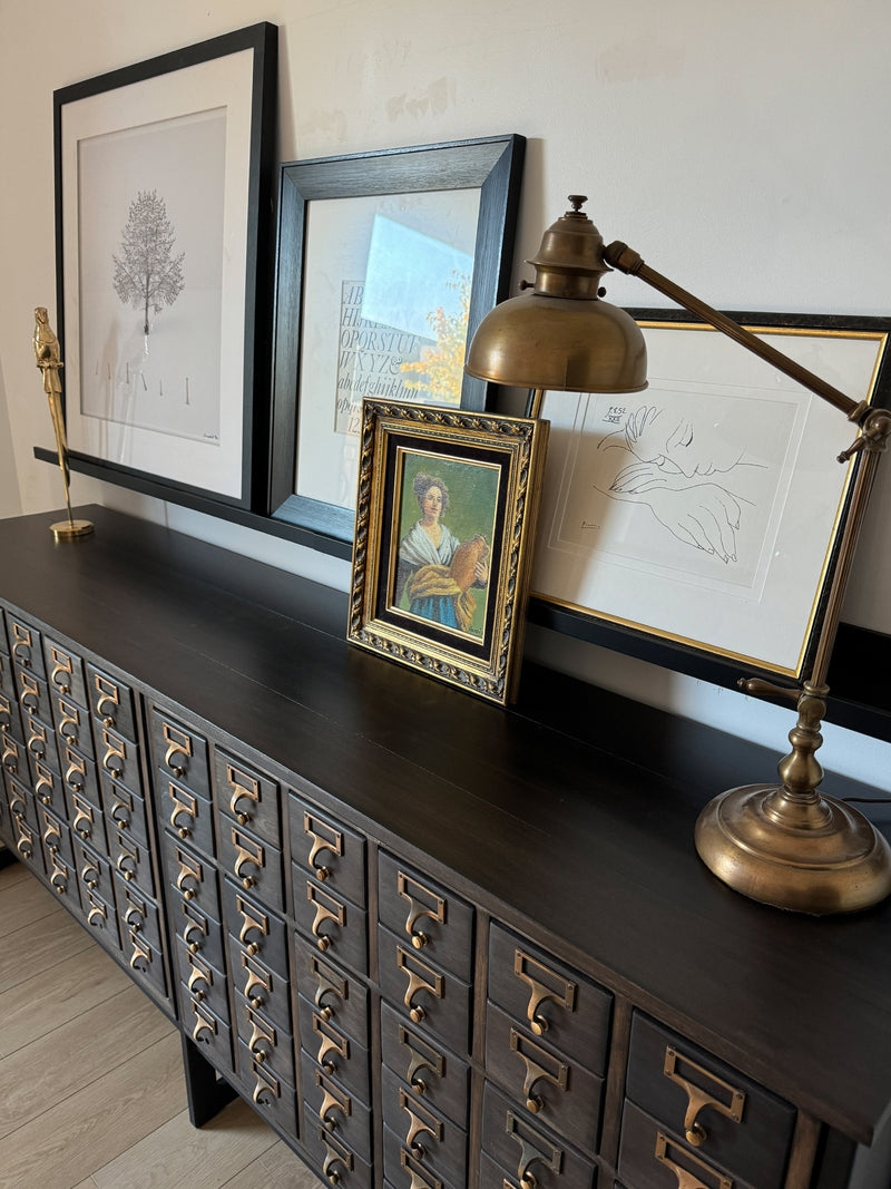 Vintage One-of-a-Kind MCM Remington Lateral 72 Drawer Library Card Catalog. This rare and beautiful dark and moody card catalog, apothecary or architectural cabinet would make a perfect statement piece for your home, office or commercial space!