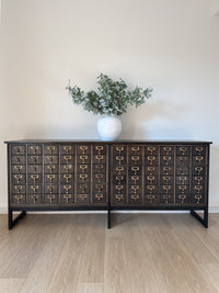 Vintage One-of-a-Kind MCM Remington Lateral 72 Drawer Library Card Catalog. This rare and beautiful dark and moody card catalog, apothecary or architectural cabinet would make a perfect statement piece for your home, office or commercial space!