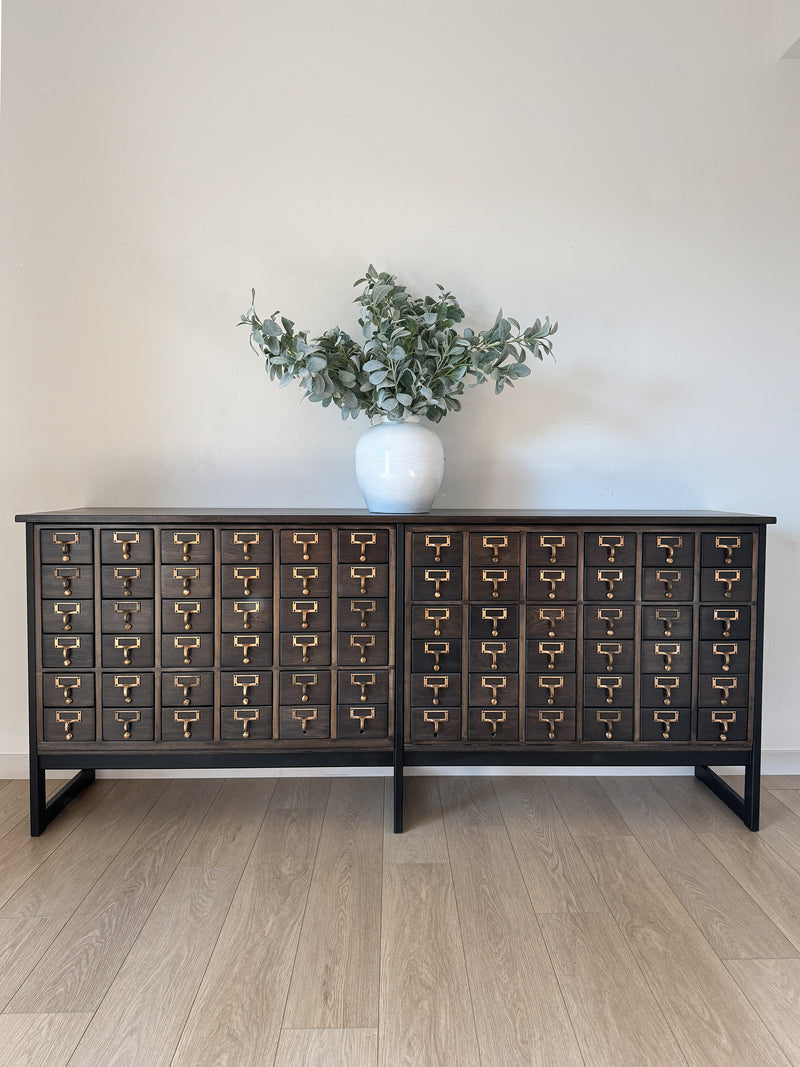 Vintage One-of-a-Kind MCM Remington Lateral 72 Drawer Library Card Catalog. This rare and beautiful dark and moody card catalog, apothecary or architectural cabinet would make a perfect statement piece for your home, office or commercial space!