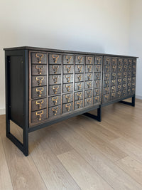 Vintage One-of-a-Kind MCM Remington Lateral 72 Drawer Library Card Catalog. This rare and beautiful dark and moody card catalog, apothecary or architectural cabinet would make a perfect statement piece for your home, office or commercial space!