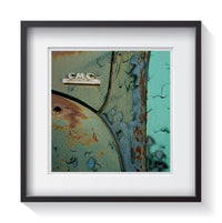 The teal and green patina dripping like paint on an old American Classic GMC pickup truck. Framed fine art classic truck photography by Amanda Hedlund.  Framed wall art for your home, office, business, restaurant, bar, vacation house or hotel.