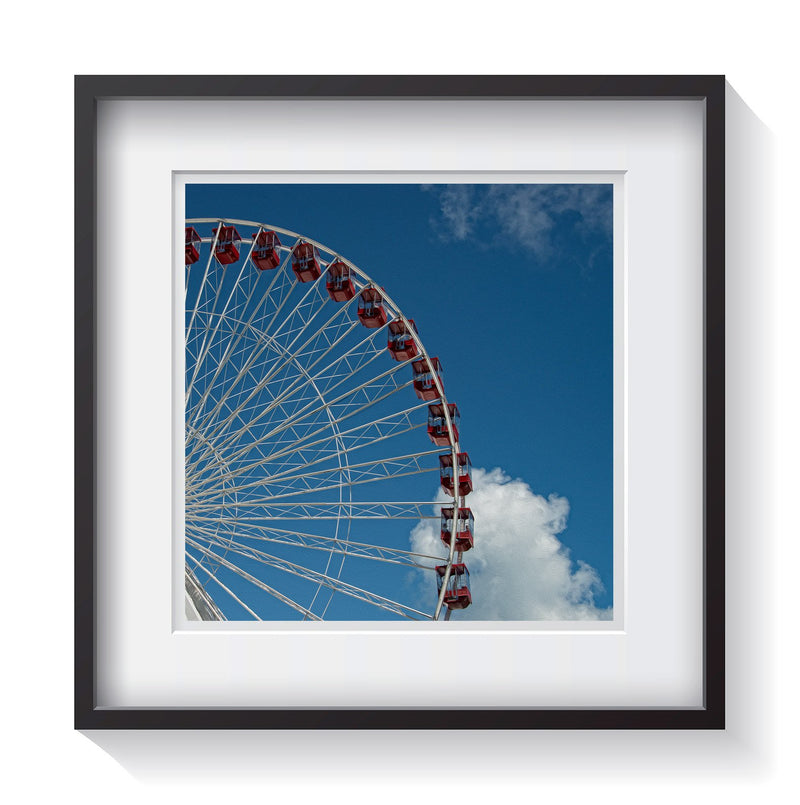 The vintage red cart ferris wheel at Hyde Park in Chicago, Illinois. Framed fine art Americana photography by Amanda Hedlund.  Framed wall art for your home, office, business, restaurant, bar, vacation house or hotel.
