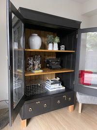 **SOLD** Vintage Black Wood Glass Display Curio Storage Cabinet Book Case
