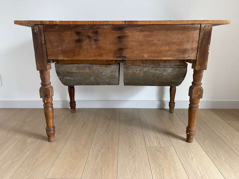 Antique Late 1800s Primitive Shaker Farmhouse Dining Table Possum Belly Baker's Table Kitchen Island This stunning piece is in original condition with amazing aged patina which adds to the age and history. 