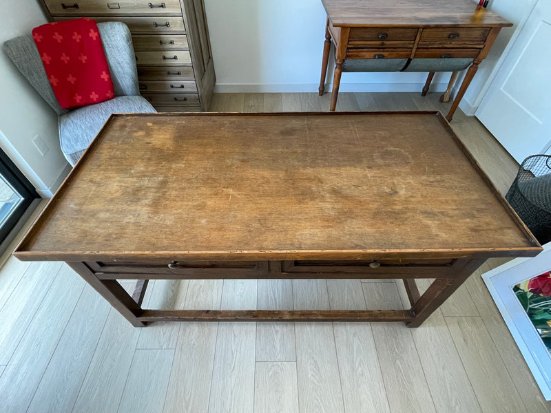 **SOLD** Antique Spanish Primitive Apron Baking or Rustic Farmhouse Table or Desk with Drawers and Side Leaf