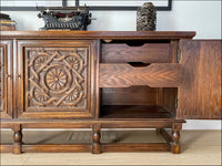 Vintage Carved Floral Design Jamestown Lounge Company Colonnade Collection Buffet Console Sideboard Table Solid Feudal Oak - Circa 1930s. 