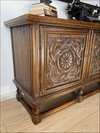 Vintage Carved Floral Design Jamestown Lounge Company Colonnade Collection Buffet Console Sideboard Table Solid Feudal Oak - Circa 1930s. 