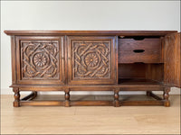 Vintage Carved Floral Design Jamestown Lounge Company Colonnade Collection Buffet Console Sideboard Table Solid Feudal Oak - Circa 1930s. 