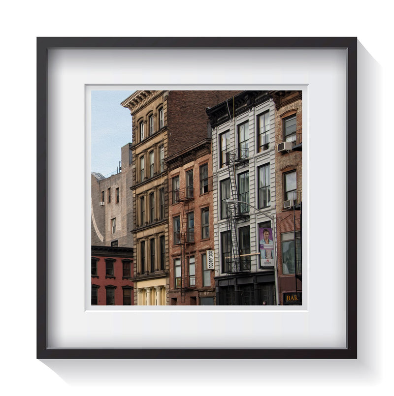 Iconic brownstones for a burlesque and bar store fronts in New York City. Framed fine art architecture photography by Amanda Hedlund.  Framed wall art for your home, office, business, restaurant, bar, vacation house or hotel.