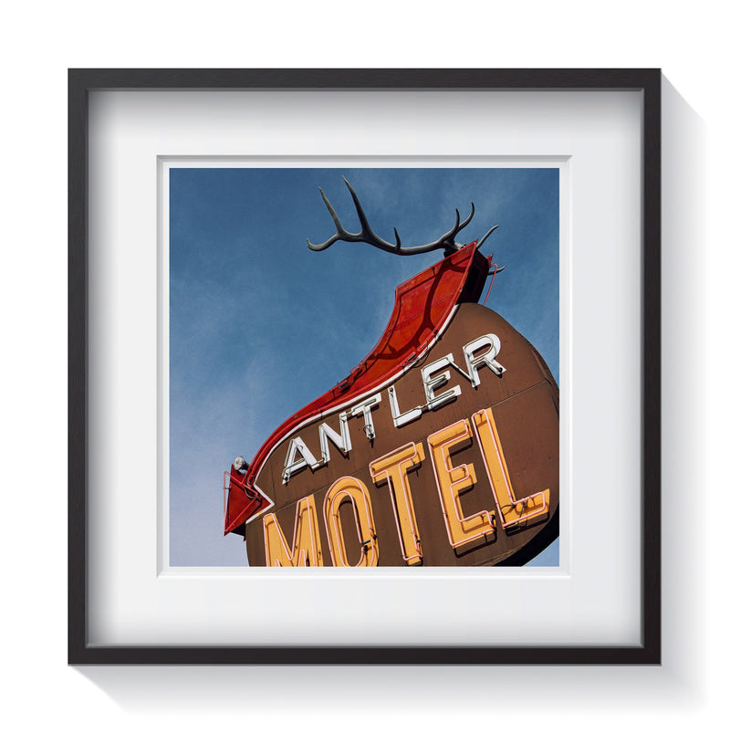 The iconic Antler Motel in Jackson, Wyoming vintage sign. Fine art americana and rustic photography by Andrew Grant.  Framed wall art for your home, office, business, restaurant, bar, vacation house or hotel.
