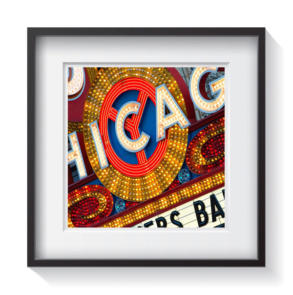 The iconic bright lights from the Chicago Theatre in Illinois. Framed fine Americana and vintage sign photography by Andrew Grant.  Framed wall art for your home, office, business, restaurant, bar, vacation house or hotel.
