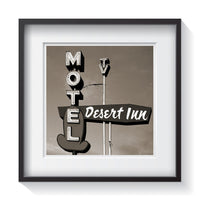 An old vintage Desert Inn Motel sign - now an abandoned, decaying hotel - serving as roadside art in the wild west. Framed fine art americana photography by Amanda Hedlund.