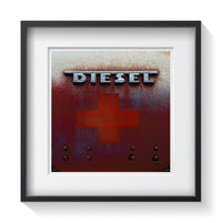 An old work truck for Cummins Diesel logo and red cross patina. Framed fine art classic truck photography by Andrew Grant.  Framed wall art for your home, office, business, restaurant, bar, vacation house or hotel.