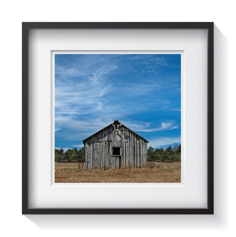 An old elk horn shack stands abandoned filled with history of the wild west. Framed fine art rustic photography by Amanda Hedlund.  Framed wall art for your home, office, business, restaurant, bar, vacation house or hotel.