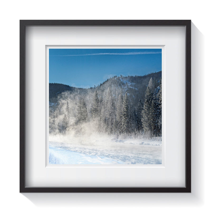 Steam rises from river on 50 degree below zero morning near Missoula, Montana. Framed fine art water and landscape photography by Andrew Grant. Framed wall art for your home, office, business, restaurant, bar, vacation house or hotel.