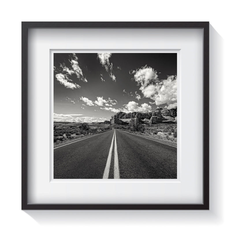 Road to Moab, Utah in black and white. Framed fine art landscape photography by Amanda Hedlund.  Framed wall art for your home, office, business, restaurant, bar, vacation house or hotel.