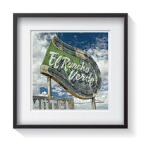 A fading neon El Rancho Verde motel sign along the American roadside. Framed fine Americana and vintage sign photography by Andrew Grant.  Framed wall art for your home, office, business, restaurant, bar, vacation house or hotel.