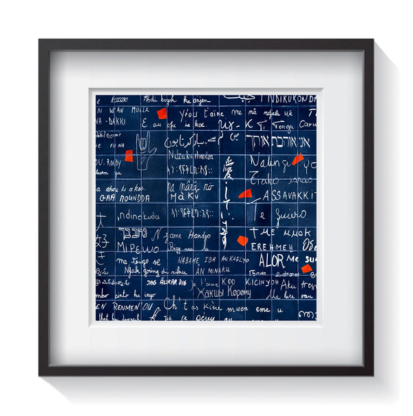 A blue wall of graffiti art - the universal language on the Love Wall in Paris, France. Framed fine street art photography by Amanda Hedlund.   Framed wall art for your home, office, business, restaurant, bar, vacation house or hotel.