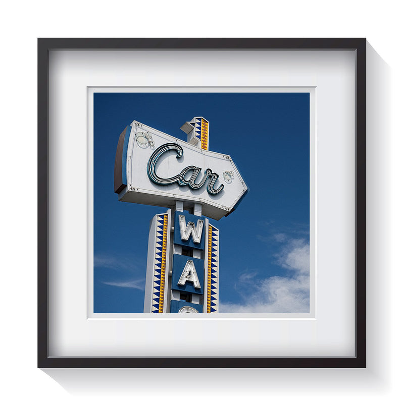 Blue, yellow and white art deco vintage sign for an old car wash. Fine art Americana photography by Andrew Grant.  Framed wall art for your home, office, business, restaurant, bar, vacation house or hotel.