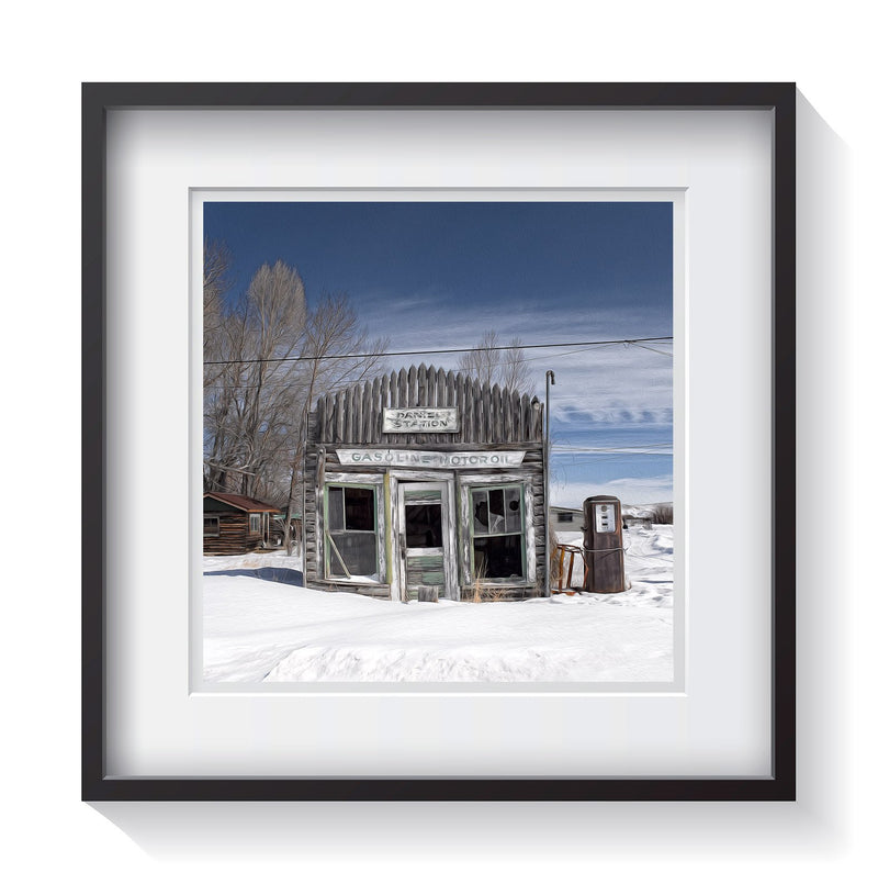 An abandoned petrol filling station in Daniel, Wyoming during a heavy snow winter. Framed fine art shack and rustic photography by Andrew Grant.  Framed wall art for your home, office, business, restaurant, bar, vacation house or hotel.