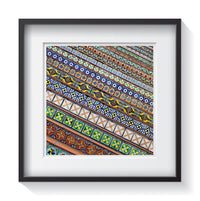 Colorful spanish-style tile stairs at Paseo Nuevo in Santa Barbara, California. Framed fine art abstract photography by Andrew Grant.  Framed wall art for your home, office, business, restaurant, bar, vacation house or hotel.