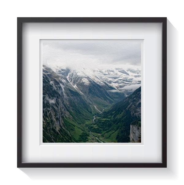 Lauterbrunnen Switzerland valley in June. Framed fine art landscape photography by Amanda Hedlund.  Framed wall art for your home, office, business, restaurant, bar, vacation house or hotel.