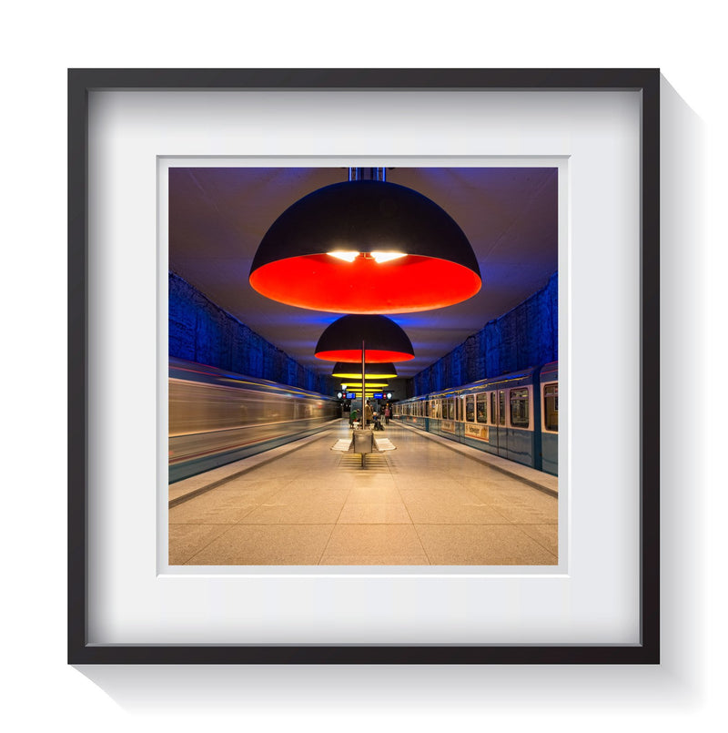 Colorful orange, green and blue subway stop in Munich, Germany. Framed fine art abstract and street art photography by Andrew Grant.  Framed wall art for your home, office, business, restaurant, bar, vacation house or hotel.
