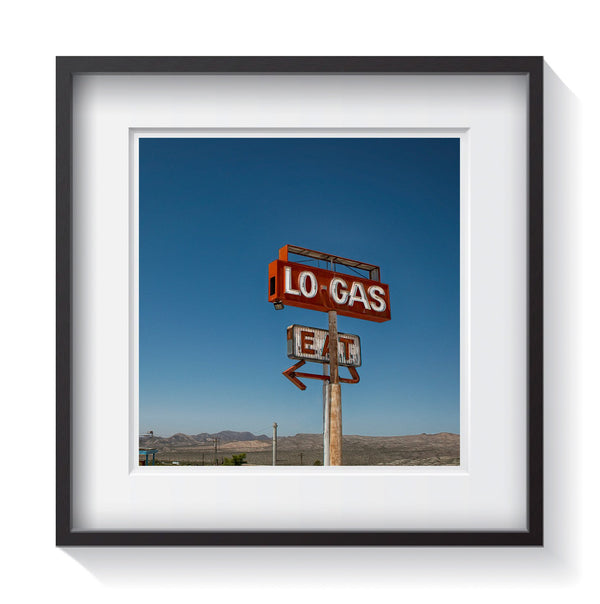 A vintage neon sign for Lo Gas and Eat gas station in Mojave, California. Framed fine art vintage sign photography by Andrew Grant.    Framed wall art for your home, office, business, restaurant, bar, vacation house or hotel.